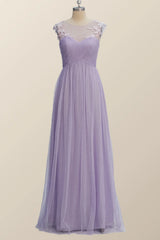 Lavender Illusion Scoop Lace Appliques A-line Bridesmaid Dress