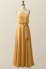 Halter Straps Purple Chiffon Long Bridesmaid Dress
