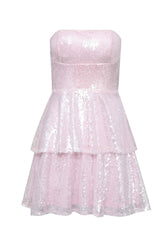 Strapless Pink Sequin Tiered Short Dress