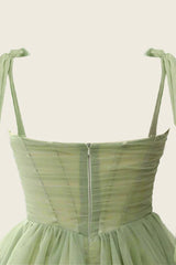 V-neck Sage Green Pleated A-line Short Dress