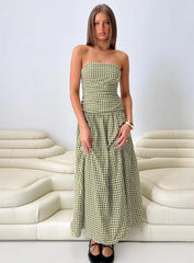 Frankey Strapless Drop Waist Maxi Dress Green Check