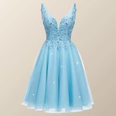 V Neck Blue Appliques Tulle A-line Short Dress