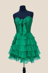Strapless Red Chiffon Bow Ruffle Short Dress