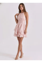 PRE-ORDER Only! (ETA May 15th) Selena Shimmer Halter Neck Ruffle Mini Dress - Pink