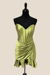Strapless Short Green Ruched Ruffle Dress