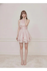 PRE-ORDER Only! (ETA May 15th) Selena Shimmer Halter Neck Ruffle Mini Dress - Pink