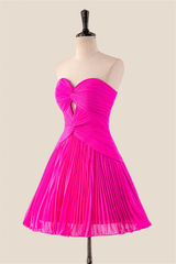 Strapless Hot Pink Pleated A-line Short Dress