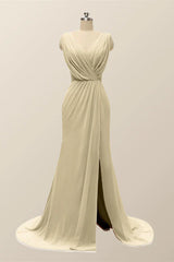 V Neck Blue Pleated Chiffon Long Bridesmaid Dress