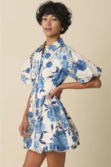 Bonnie Florals Collared Button Up Puff Sleeve Mini Dress - Royal Blue