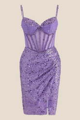 V-neck Lilac Sheer Bodice Sequin Short Dress