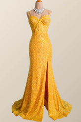 Yellow Sequin Corset Mermaid Long Party Dress