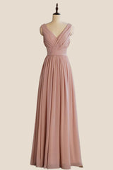 V Neck Blush Pleated A-line Long Dress