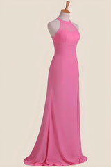 Hot Pink Halter Chiffon Draped Long Dress