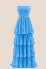 Yellow Chiffon Pleated A-line Tiered Maxi Dress