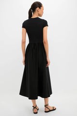 Black Rib Knit Crew Neck Short Sleeve A-Line Dress