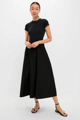 Black Rib Knit Crew Neck Short Sleeve A-Line Dress