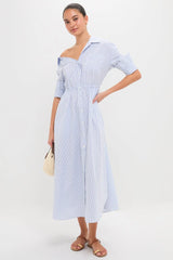 Blue Stripe Falling off the Shoulder Midi Dress