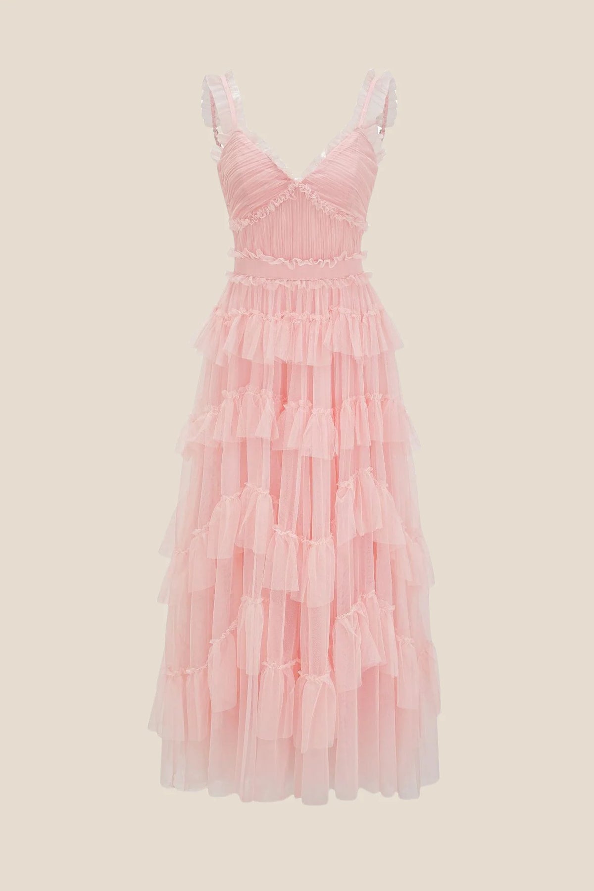 V-neck Pink Ruffle Tiered A-line Long Dress