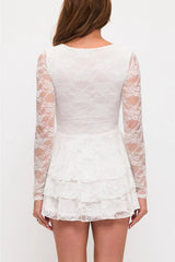 Mia Lace Long Sleeve Ruffled Mini Dress - White