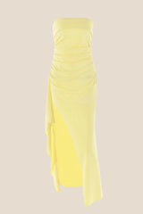 Strapless Yellow Pleated Long Dress with Slit