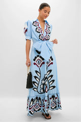 Blue Artisanal Short Sleeve Maxi Dress