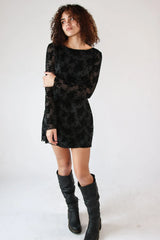 Floral Flocked Mesh Long Sleeve Mini Dress