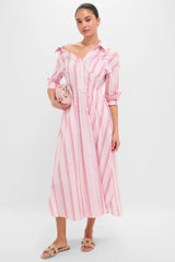Red Stripe Falling Off the Shoulder Midi Dress