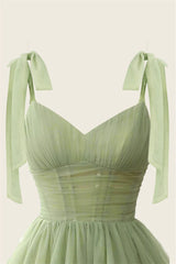 V-neck Sage Green Pleated A-line Short Dress