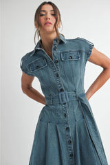 Dana Button Up Belted Denim Midi Dress