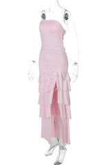 Strapless Pink Fitted Ruffle Dress