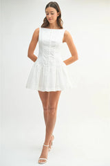 Henley Eyelet Florals Button Up Mini Dress - White