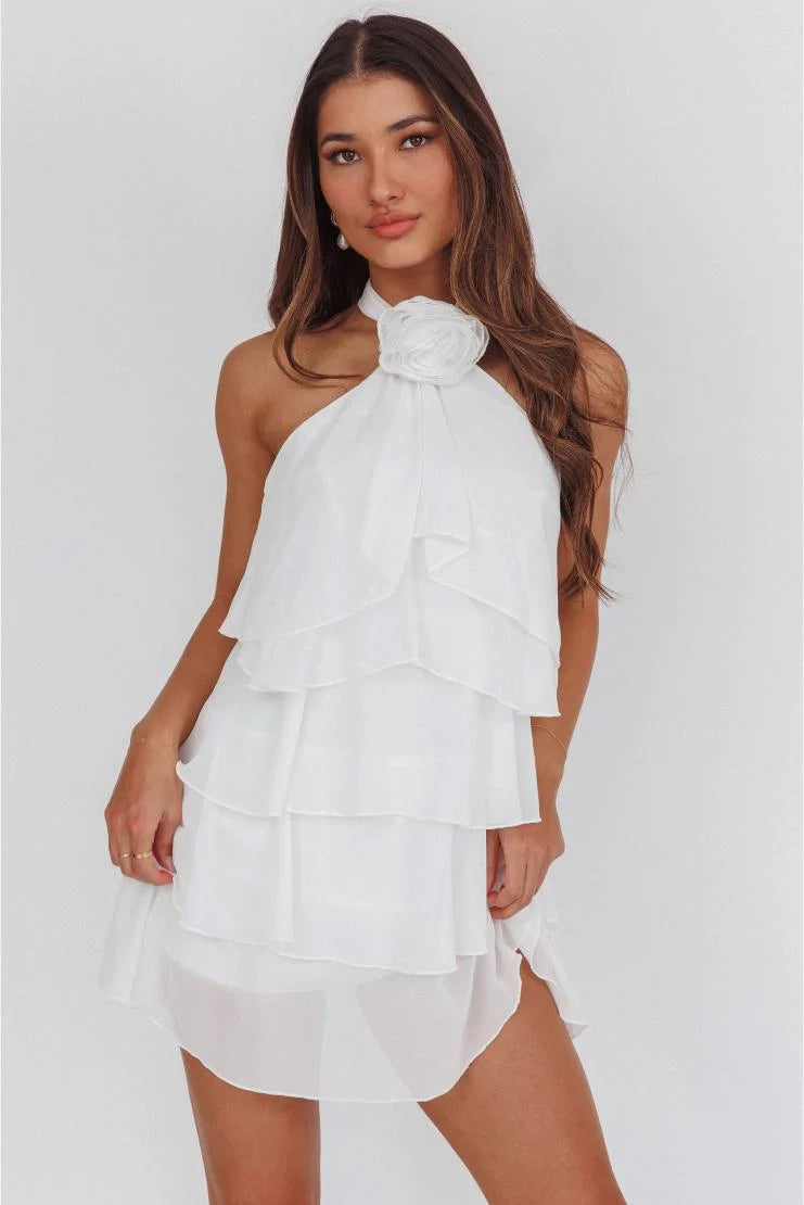 Ava Halter Tiered Chiffon Ruffled Mini Dress - White