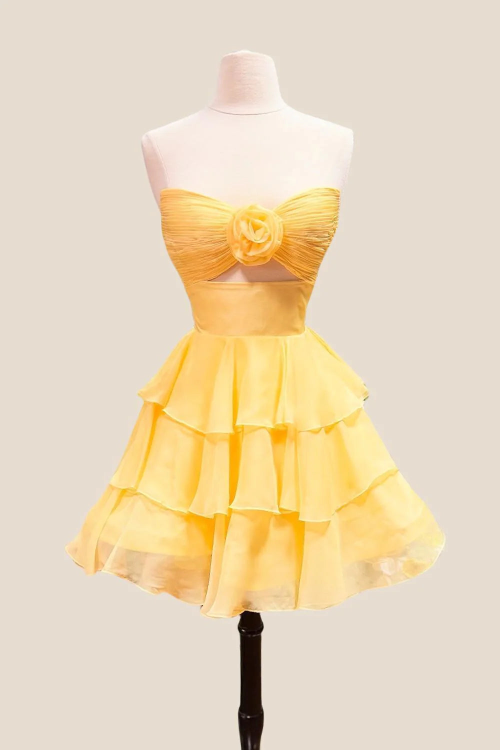 Strapless Yellow Pleated Tiered Short Dress with Rosette