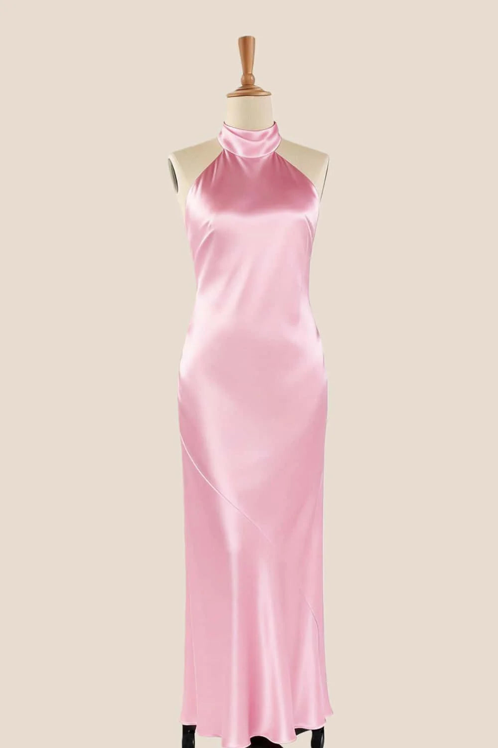 High Neck Pink Satin Fitted Long Bridesmaid Dress
